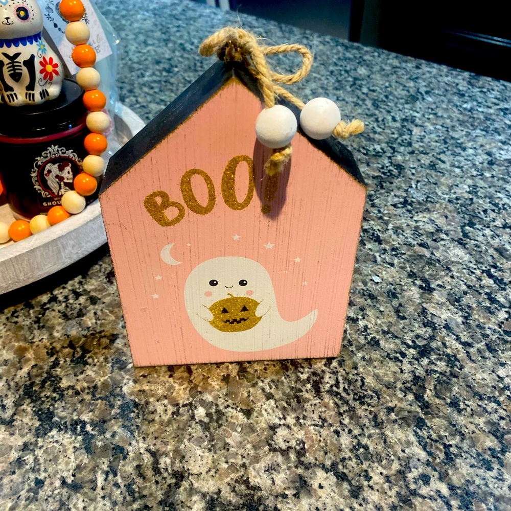 Pastel pink ghost on solid wood! Sweet boo! Halloween decor.